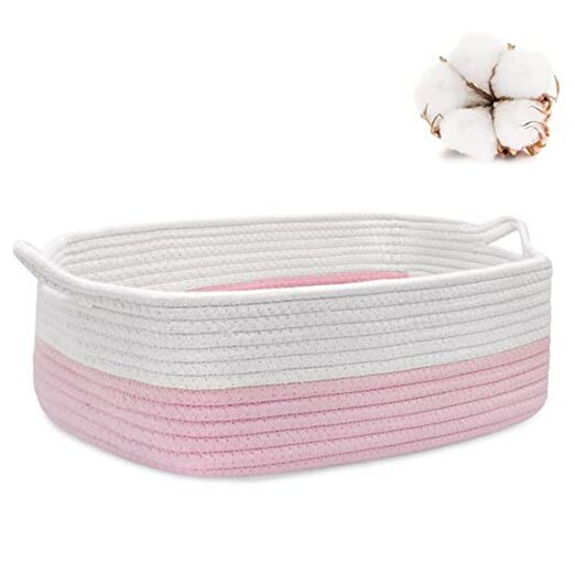 Rope Storage Basket, Cotton Woven Baby Girl Basket, Cube Soft Basket with Pink