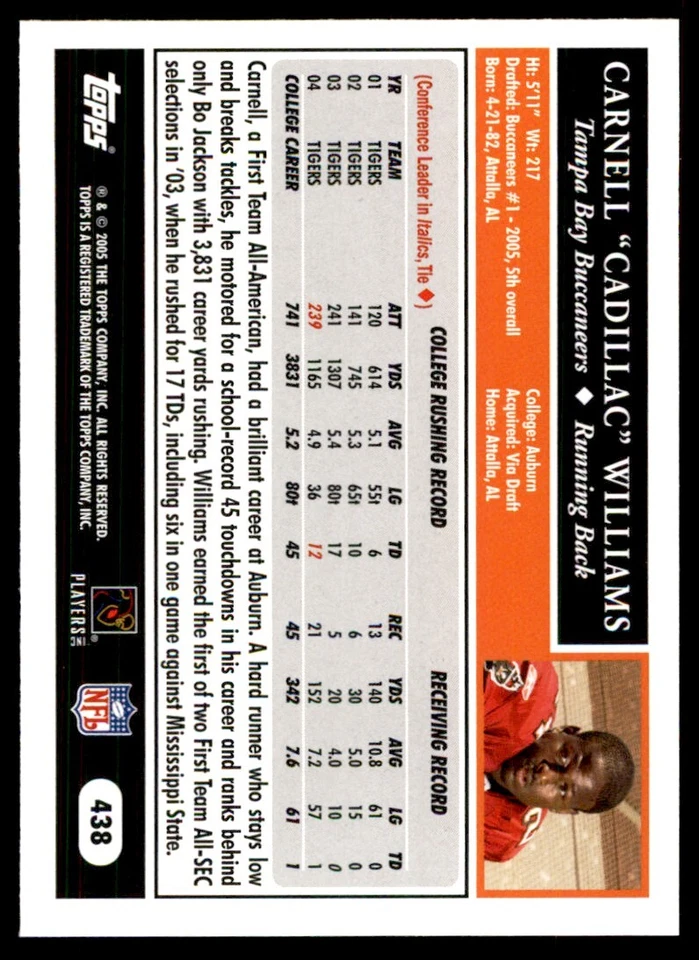2005 TOPPS CADILLAC WILLIAMS TAMPA BAY BUCCANEERS #438 - Image 2 of 2