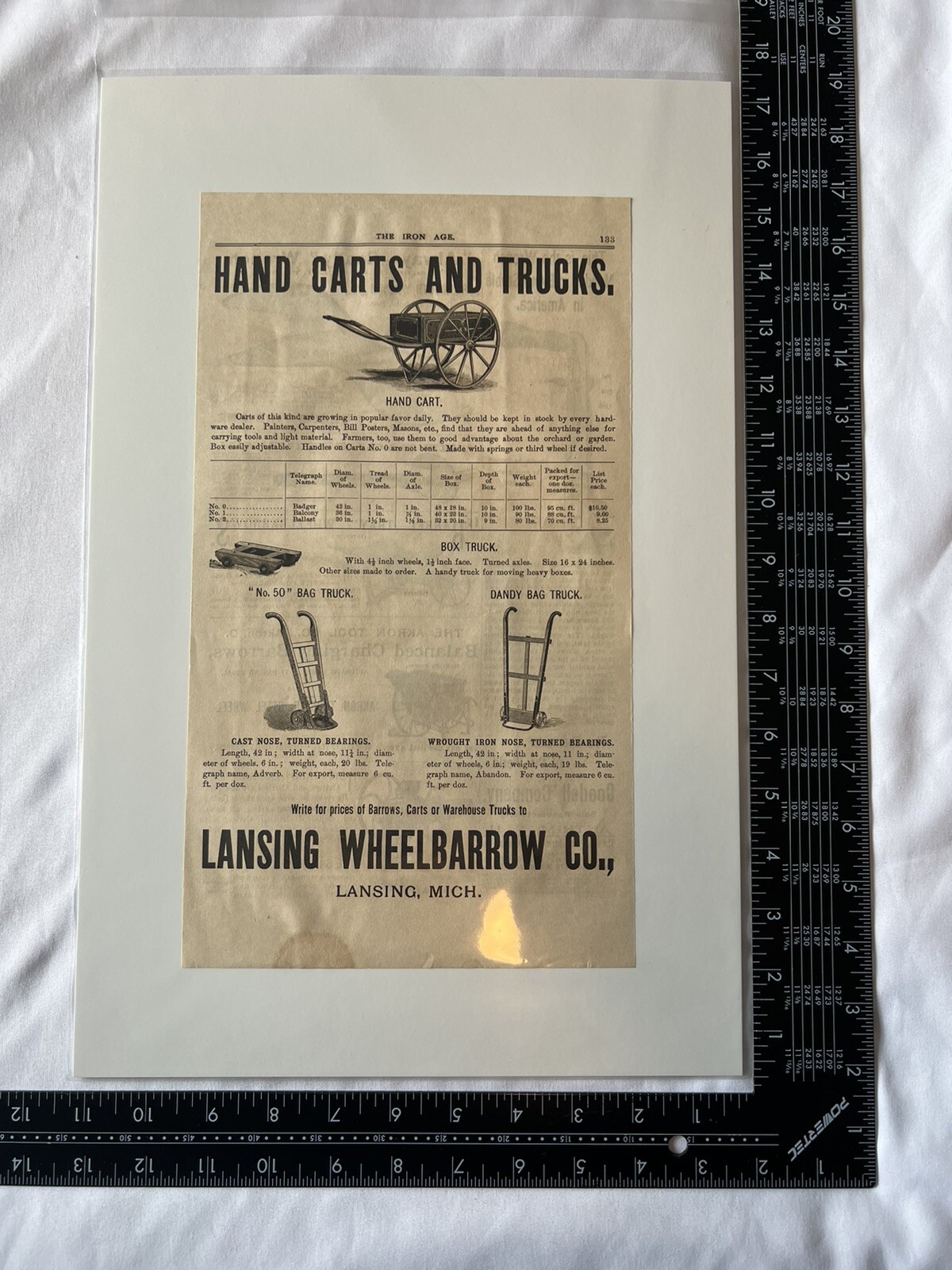 1893 LANSING WHEELBARROW CO. Carts & Hand Trucks vintage print ad