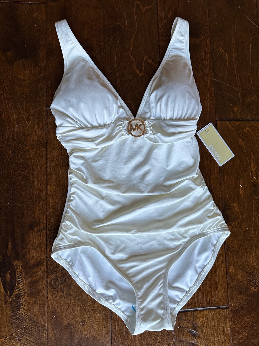 Michael Kors Cruise 2017 MK Logo White V-Neck One-Piece Swimsuit