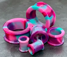 PAIR Pink, Purple & Teal Swirl Galaxy Silicone Tunnel Plugs Double Flare Gauges