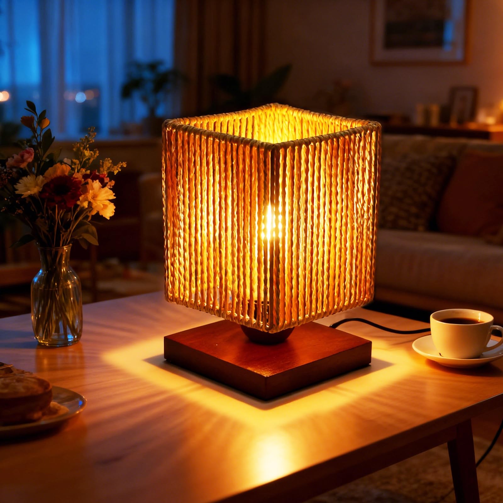 Handmade Rattan Desk Lamp- Boho Table Lamps for Bedroom Bedside with Warm Lli...