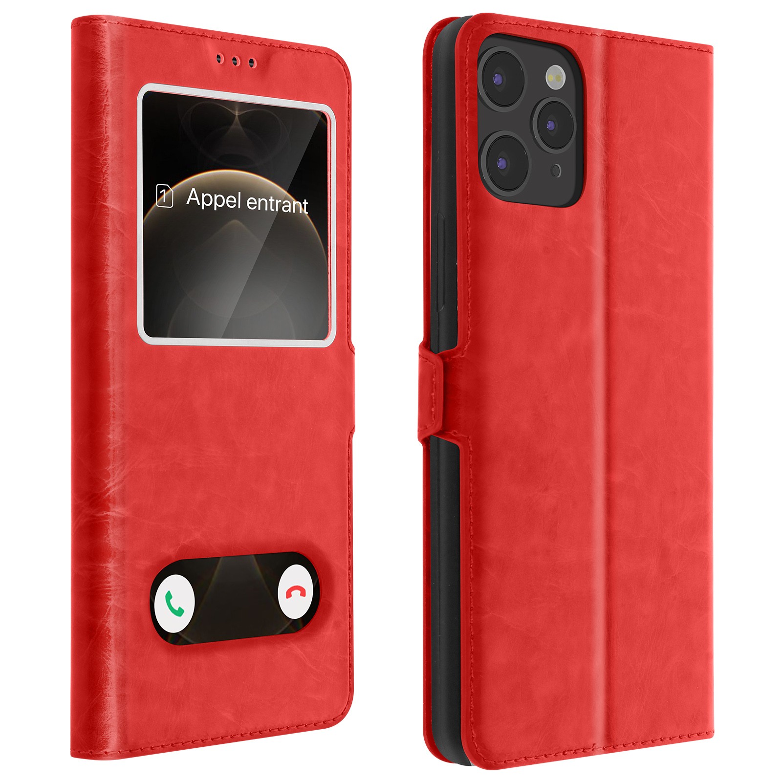 Étui pour iPhone 12 Pro clapet rouge double fenêtre stand vidéo
