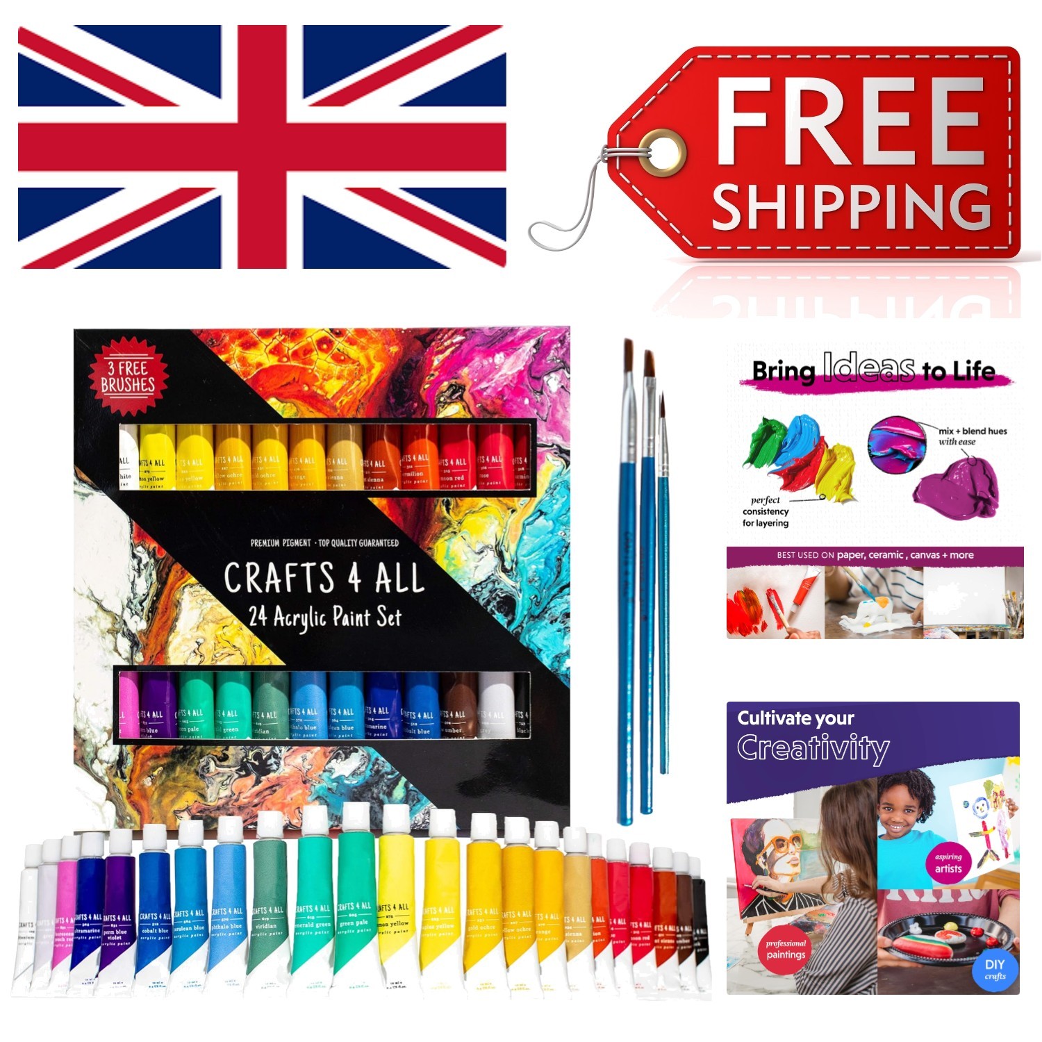 Versatile Acrylic Paint Set - 24 Non-Toxic Colors with Fast Drying Formula