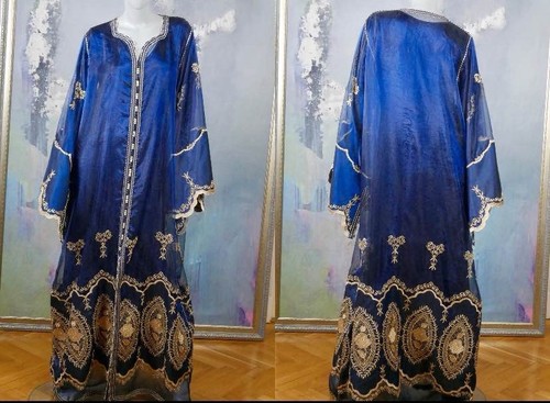Handmade Blue and Gold Kaftan Sheer Fabric Gold Embroidery Middle Eastern Dress