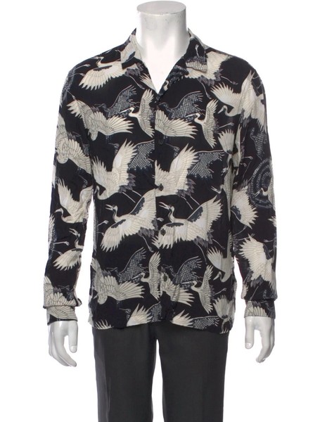 All Saints Men's Shirt Large Black Crane Bird Print Long Sleeve