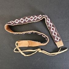 VTG Native American Seed Beaded Hat Band Handmade w/Leather Tie Geometric Design