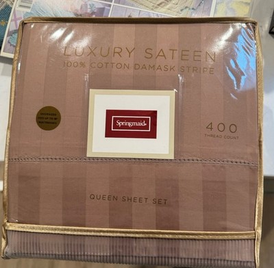 Springmade 400 Count Luxury Sateen Queen Set 100% Cotton Damask Stripe Flax