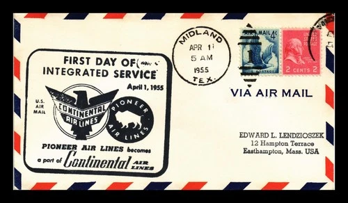 US COVER FIRST DAY INTEGRATED SERVICE PIONEER CONTINENTAL MIDLAND TEXAS AIR MAIL