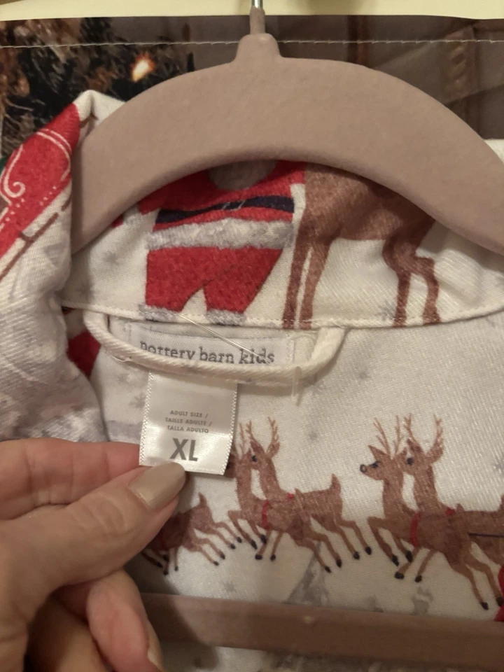 Juego de pijama de vacaciones Pottery Barn para niños adultos blanco Heritage Santa franela talla XL Foto 4 de 4