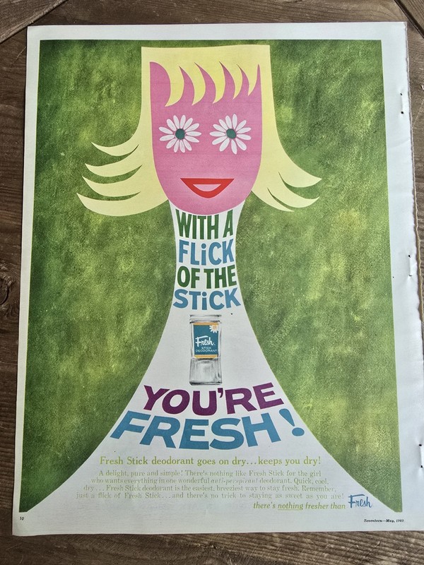 1960 With a flick of the stick you're Fresh Deodorant vintage graphic art Ad 