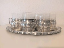 6 Ignatius Taschner Teeglashalter versilbert mit Gläser und Tablett - Von 1930