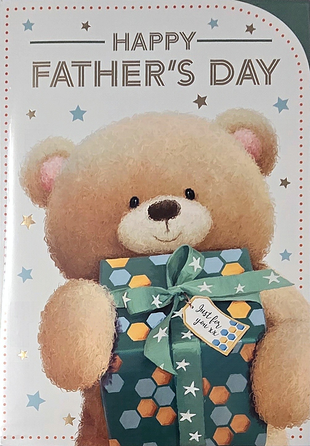 Happy Father's Day Card Cute Bear with Large Present Gold Foil
