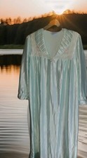 Vtg. Stardust Long Silky Lace Blue Nightgown Sz Med Grannycore Embroidered Bib