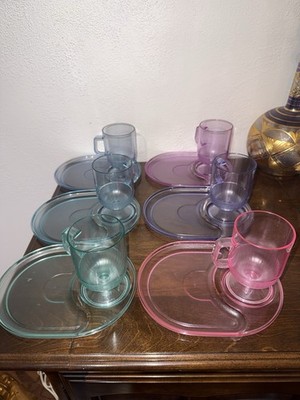 Tupperware Snack Set Plate Cups Pink Blue Green Purple Dishes Vintage 