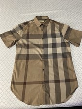 Burberry London Men s S Cotton Beige Brown Gray Check Button-Up Shirt