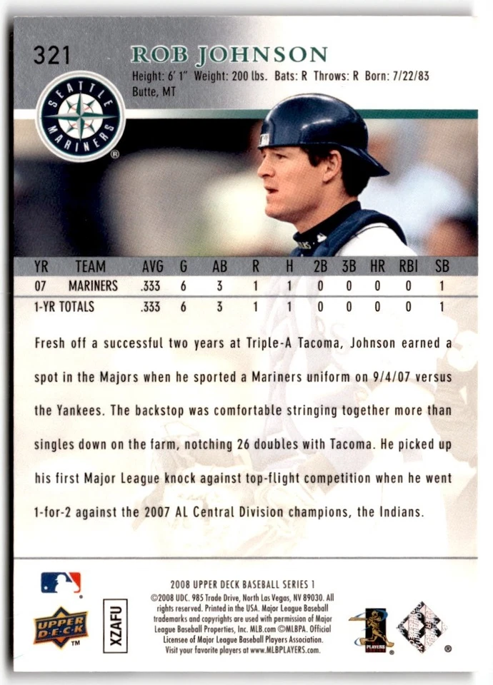 Rob Johnson 2008 Upper Deck Rookie #321 Seattle Mariners - Image 2 of 2