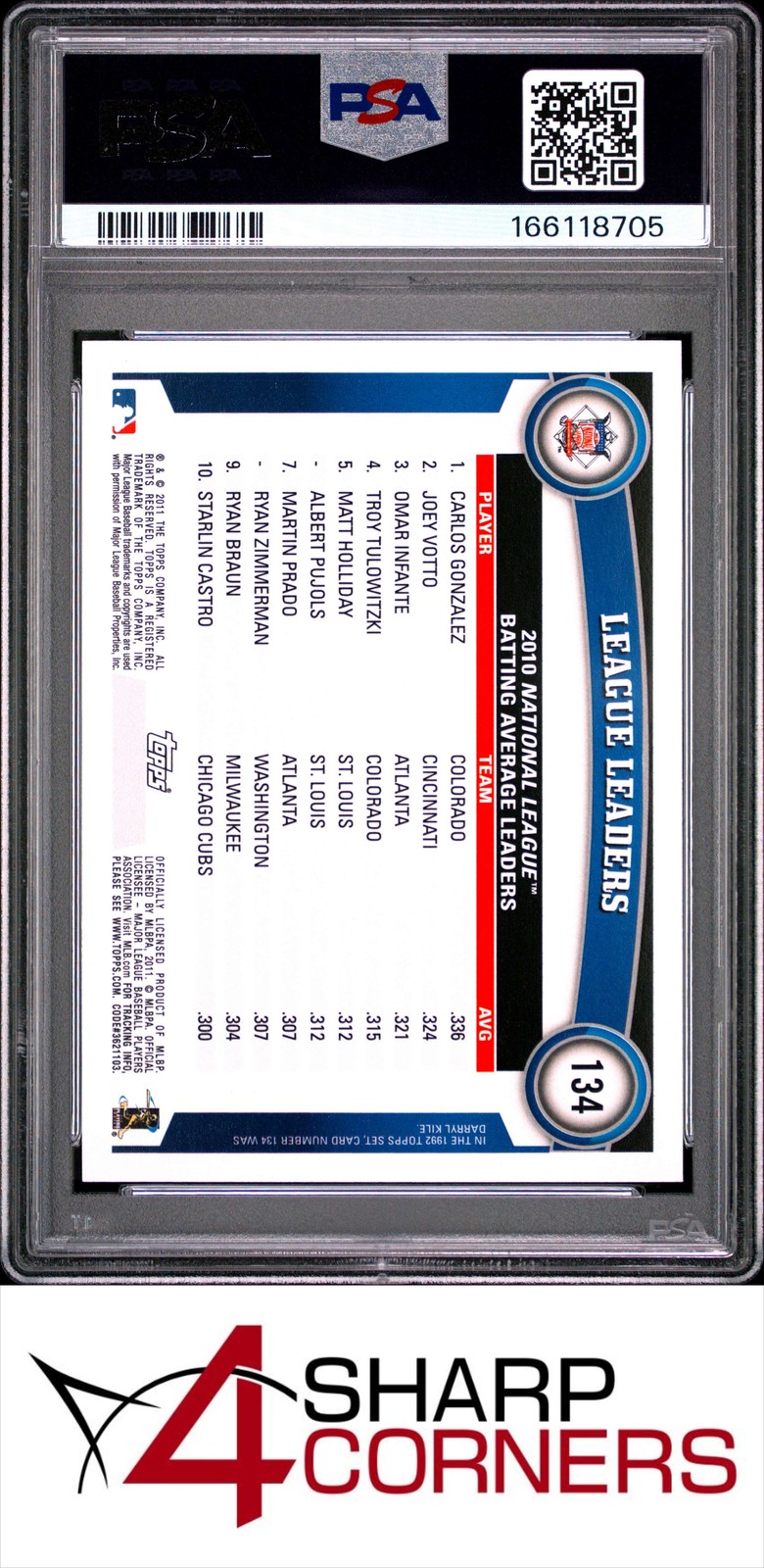 2011 TOPPS #134 JOEY VOTTO REDS PSA 10 view 2