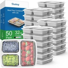 50 Pack (100-Piece) 32 oz Meal Prep Containers Reusable with Lids 3-Compartme...