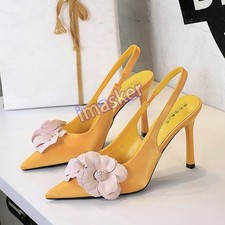 Women Satin Slingback Pumps Floral Decor Pointed Toe Stiletto High Heel Sandals