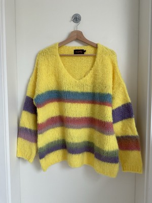 MISS GOODLIFE Damen Strick Pullover Gr. XS Gelb Gestreift Wolle Alpaka Oversized