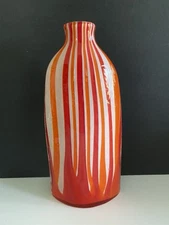 Murano Style Hand Blown Red Orange Stripes On White Studio Art Vase 14" Tall