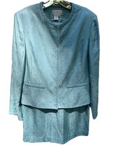 Adrianna Papell Women s Gray Blue Size 12 100 Silk Skirt Suit Beaded 2 Pc Set
