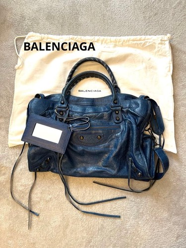 BALENCIAGA The City Editors 2way Handbag Shoulder Bag Leather Navy Y2K 115748