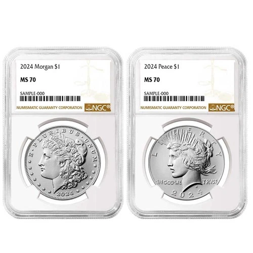 2024 $1 Morgan and Peace Silver Dollar 2pc Set NGC MS70 Brown Label