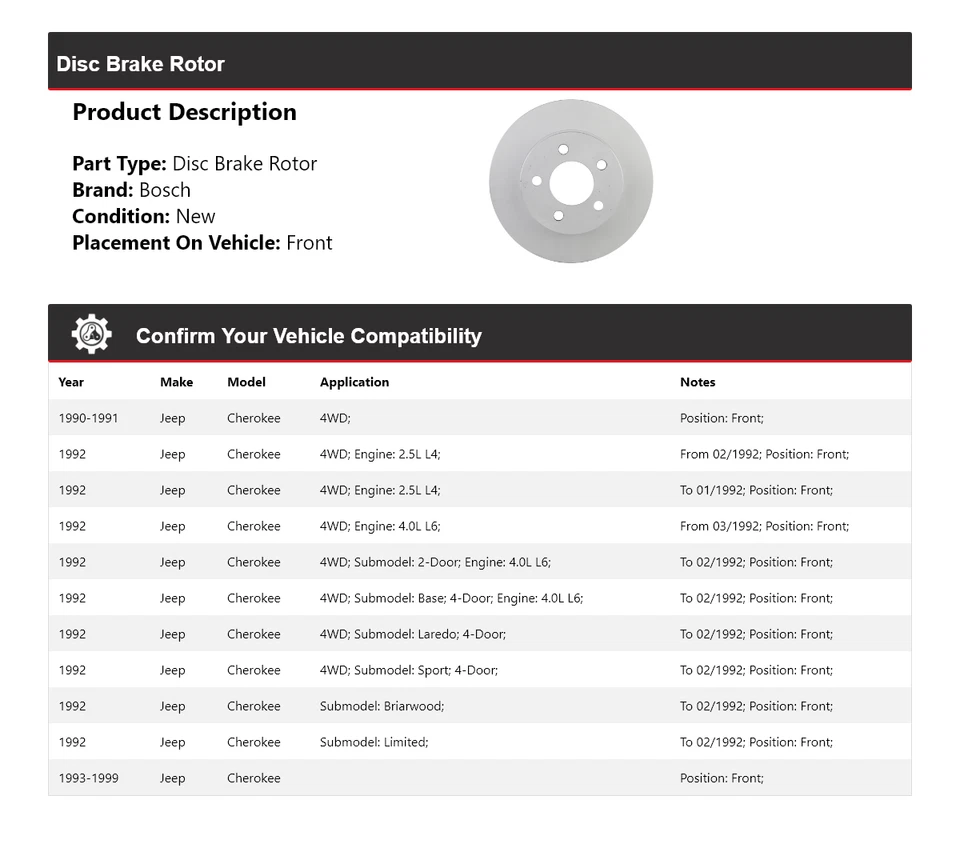 Тихий литой передний дисковый тормоз ротор для Jeep Cherokee Bosch 1990-1999 годов выпуска 1991 1992 годов выпуска - Изображение 2 из 4
