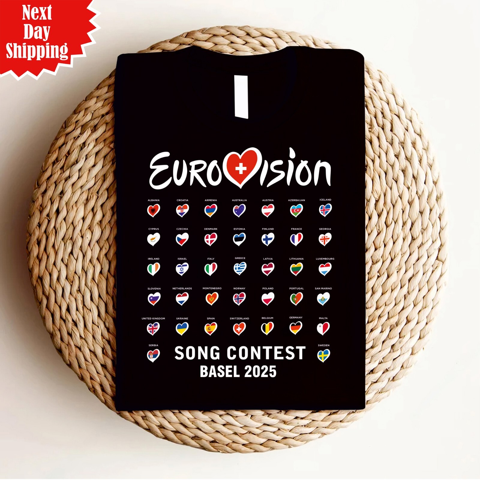 Camiseta Top All Flag Festival de la Canción de Eurovisión Basilea 2025 Estampada Banderas Corazones