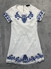 Lulus Womens A Line Dress White Blue Floral Scoop Short Sleeve Embroidered XS