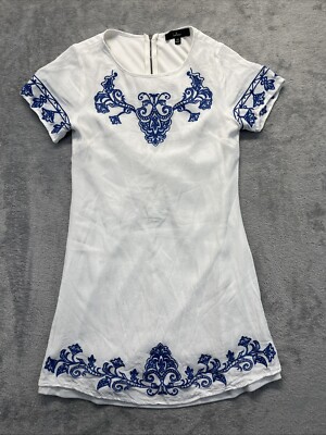 Lulus Womens A Line Dress White Blue Floral Scoop Short Sleeve Embroidered XS