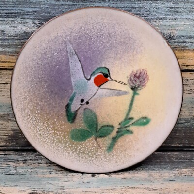 Norman Brumm Copper Enamel Plate 4.85'' Hummingbird Flower Signed Floral Bird