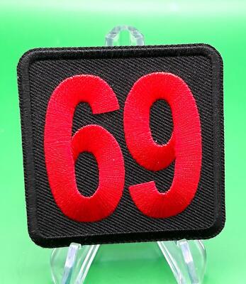 69 Number Sixty-Nine Red Square  Iron On Embroidered Patch 2 1/4''X 2 1/4''