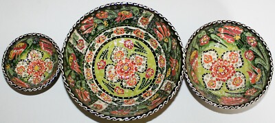 Turkish Green 6'', 5'' & 3'' Handmade Iznik Floral Pattern Ceramic Bowl Set