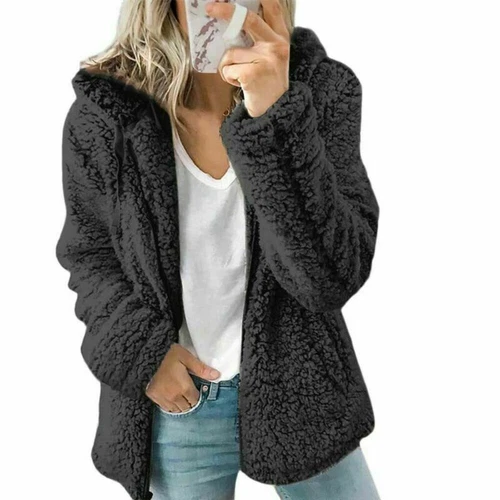 Women Teddy Bear Fluffy Coat Zip Up Winter Cardigan Fleece Hoody Jacket Outwear - Picture 16 of 32