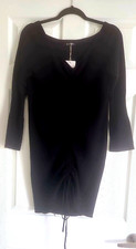Sweater Dress NEW w Tag Black Stretch Knit Drawstring Ruched L