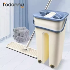 360° Flat Floor Mop Bucket Set Self Cleaning Wet Dry Usage with Microfiber Pads