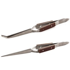 Cross Lock Tweezers Self Closing Fiber Grip 6-1/2" Set of 2 Bent  Straight Tip