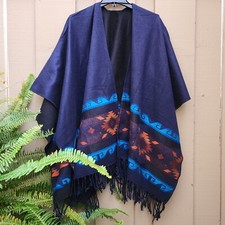 Western Wrap Serape Reversible Blue Black Handmade Wool Blend Aztec Poncho Shawl