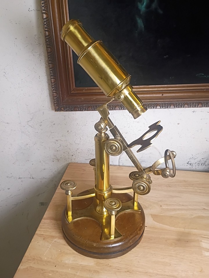 An 1890s Bausch & Lomb solid brass Griffith Club microscope with its original wood mount — a museum-worthy antique scientific instrument that's also just breathtakingly beautiful.