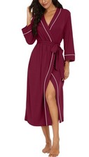 PrinStory Robes for Women 3/4 Sleeve Long Bath Robe Wine X-Large, Red