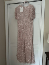 Mac Duggal Blush Silver Sequin Beaded Mesh Gown Long Puff Sleeve Size 16