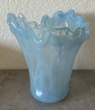 Vintage Art Glass Aqua Blue Abstract Swirls Vase Ripple Edges 7  H x 6  W