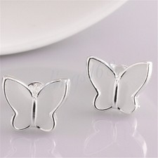 925Sterling Silver Tarnish-Resist White Enamel Butterfly Stud Post Earrings K875