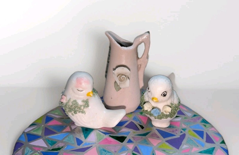 Vintage Miniature Porcelain Love Birds And Vase Trinket Shelf Decor •Read•