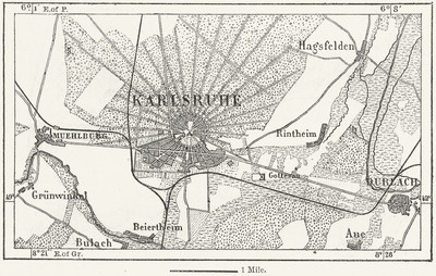DEUTSCHLAND. Karlsruhe, Skizzenkarte um 1885 alt antik vintage Plan Chart