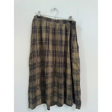 Old Navy Plaid Midi Skirt Brown Olive Rayon Elastic Waist Preppy Sz L Academia