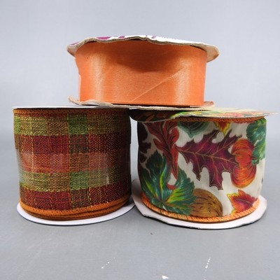 3 Spools Autumn Fall Ribbon Lot Wired Plaid Leaves Pumpkin Orange Acetate Craft